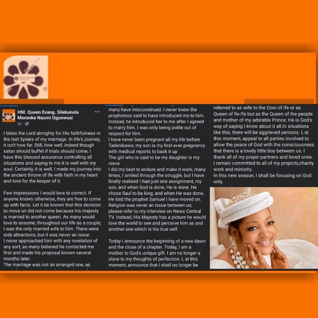 Photo grid shows screenshots of Evangelist Silekunola Naomi statement over the divorce of her husband, Oba Adeyeye Ogwunwusi, the Ooni of Ife