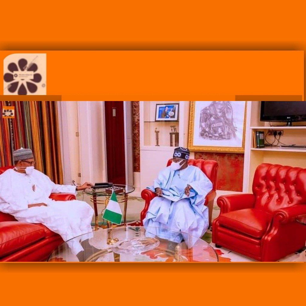 Picture shows President Muhammadu Buhari receives Former Lagos State Governor and Chieftain of the ruling All Progressives Congress, APC, Bola Ahmed Tinubu in State House on Monday in Abuja where former governor informed the president of his intention to contest and become the next President after him come 2023 general election PHOTO: ASO ROCK