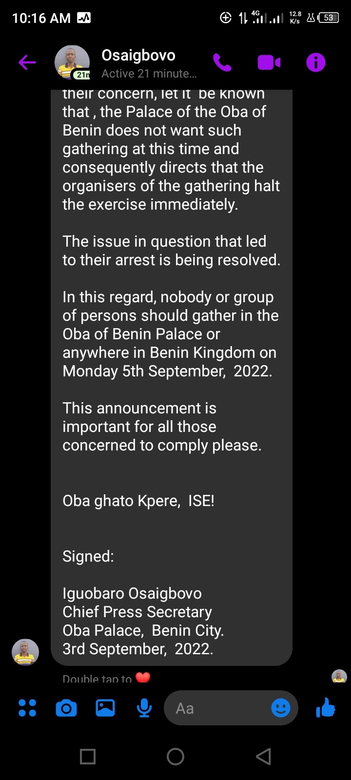 Ulegun: Stop Planned Protest Over Arrested Palace Secretary, Oba Ewuare II Warns Youths, Organizers