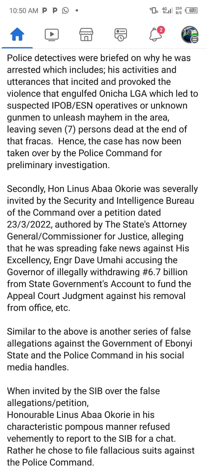 Ebubeagu Arrested Linus Okorie Over Fake News Against Governor Umahi, Others - Police