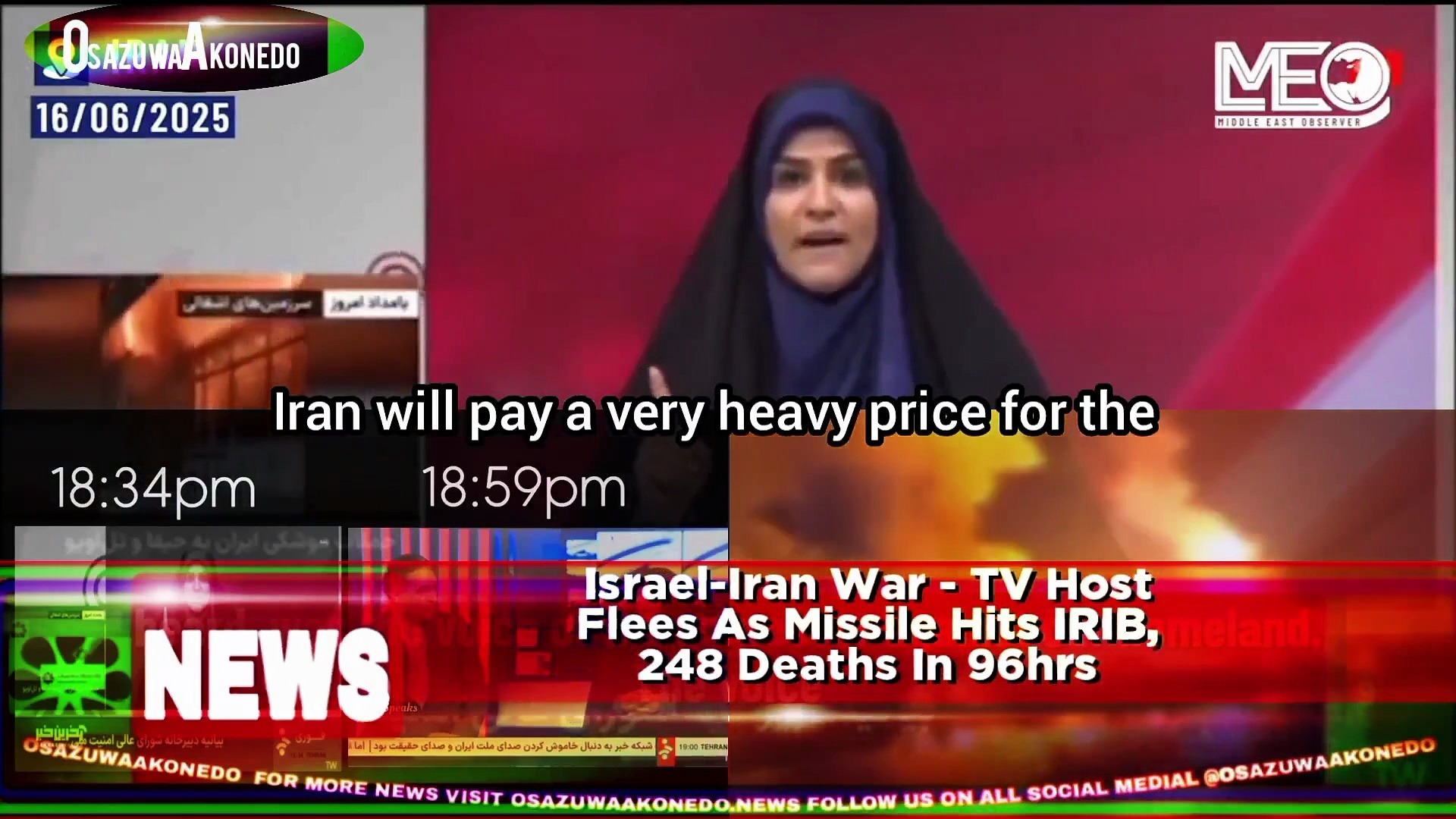 Video ~ Israel-Iran War - TV Host Flees As Missile Hits IRIB, 248 Deaths In 96hrs