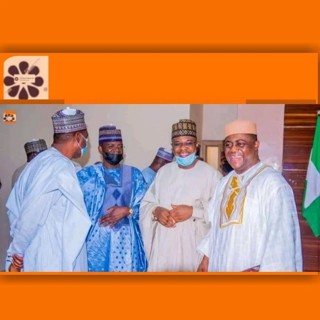 Picture shows Minister of Communications and Digital Economy, Isa Ali Pantami (second right) in a photograph with former Minister of Aviation, Femi Fani-Kayode (first right) along with Zamfara and Borno state governors at President Muhammadu Buhari's son, Yusuf wedding ceremony with his bride, Pricess Zahra Ado-Bayero in Kano state. PHOTO SOURCE: FACEBOOK
