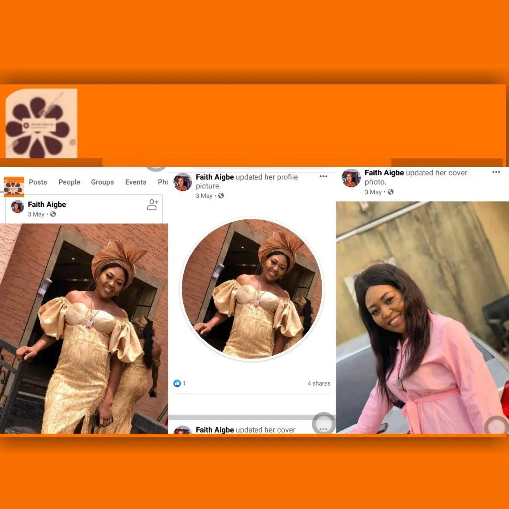 Photo grid shows Faith Aigbe Facebook post on May 3, 2021. PHOTO SOURCE: FAITH AIGBE